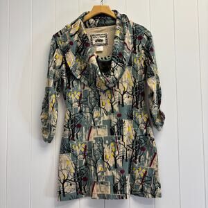 Effie's Heart Womens Artsy Abstract Cowl‎ Neck Tunic Dress Size S Ruched Sleeves